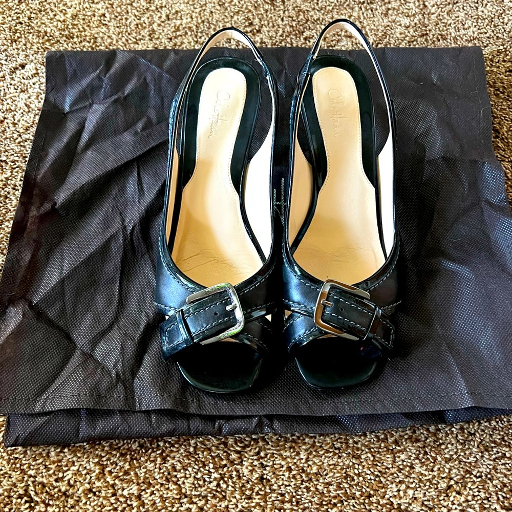 Cole Haan Helena OT. Sling Black Patent Heels Sz 8.5